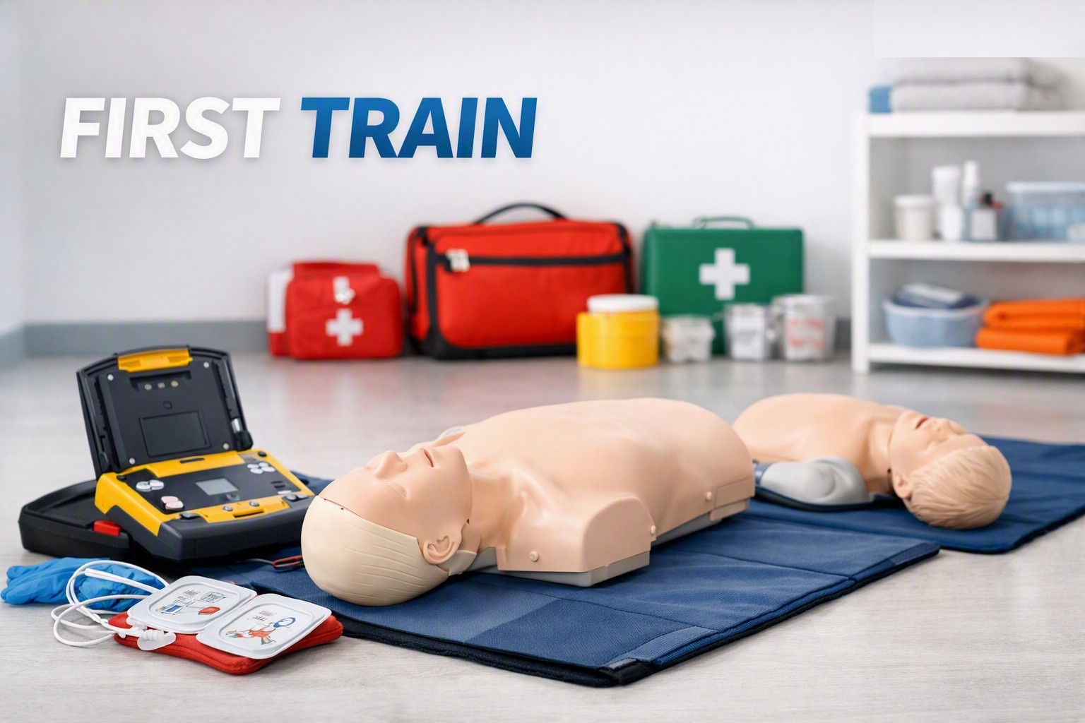 First aid training equipment including CPR manikins, an AED and first aid kits